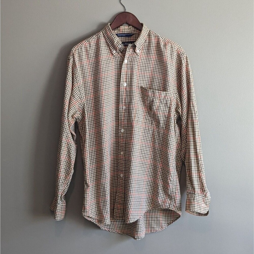 Vintage Nautica Mens M Brown Green Lightweight Flannel Shirt 90s Crest Logo L/S
